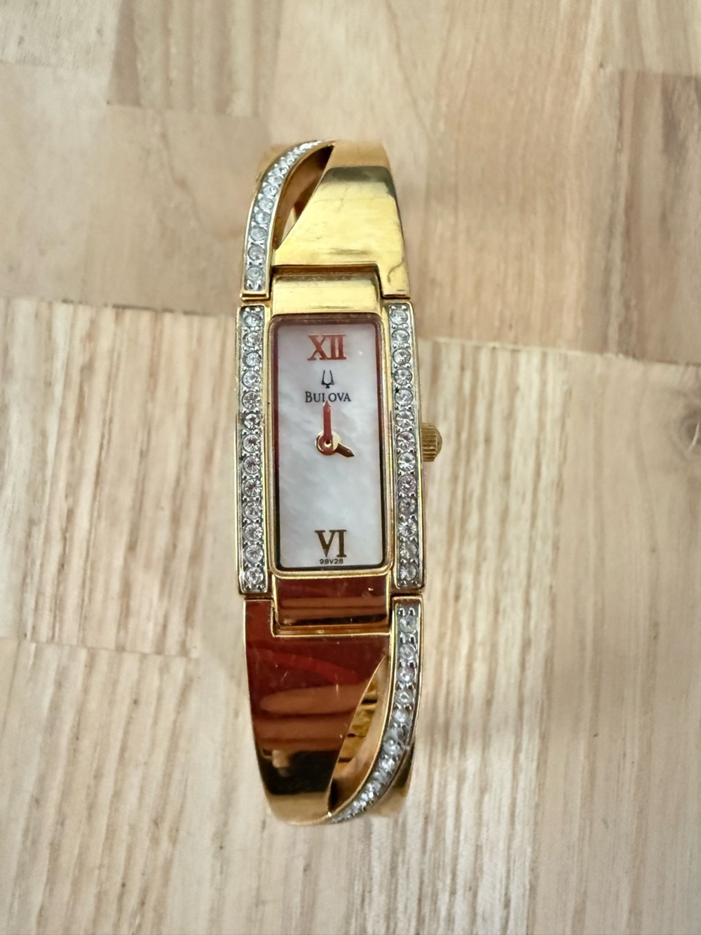 Bulova ladies rectangular dial gold tone crystal accented watch NEW BATTERY